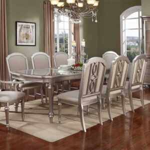 7PC RECTANGULAR TABLE WITH PEARLIZED PLATINUM FINISH ALONGWITH LINEN UPHOLSTERED CHAIRS AND ELEGENT SIDE BOARD 3